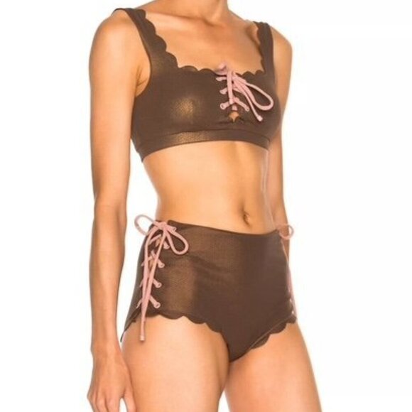 Marysia Swim Palm Springs High-Waist Bikini Bottom – Metallic Brown – Size L - Picture 1 of 10